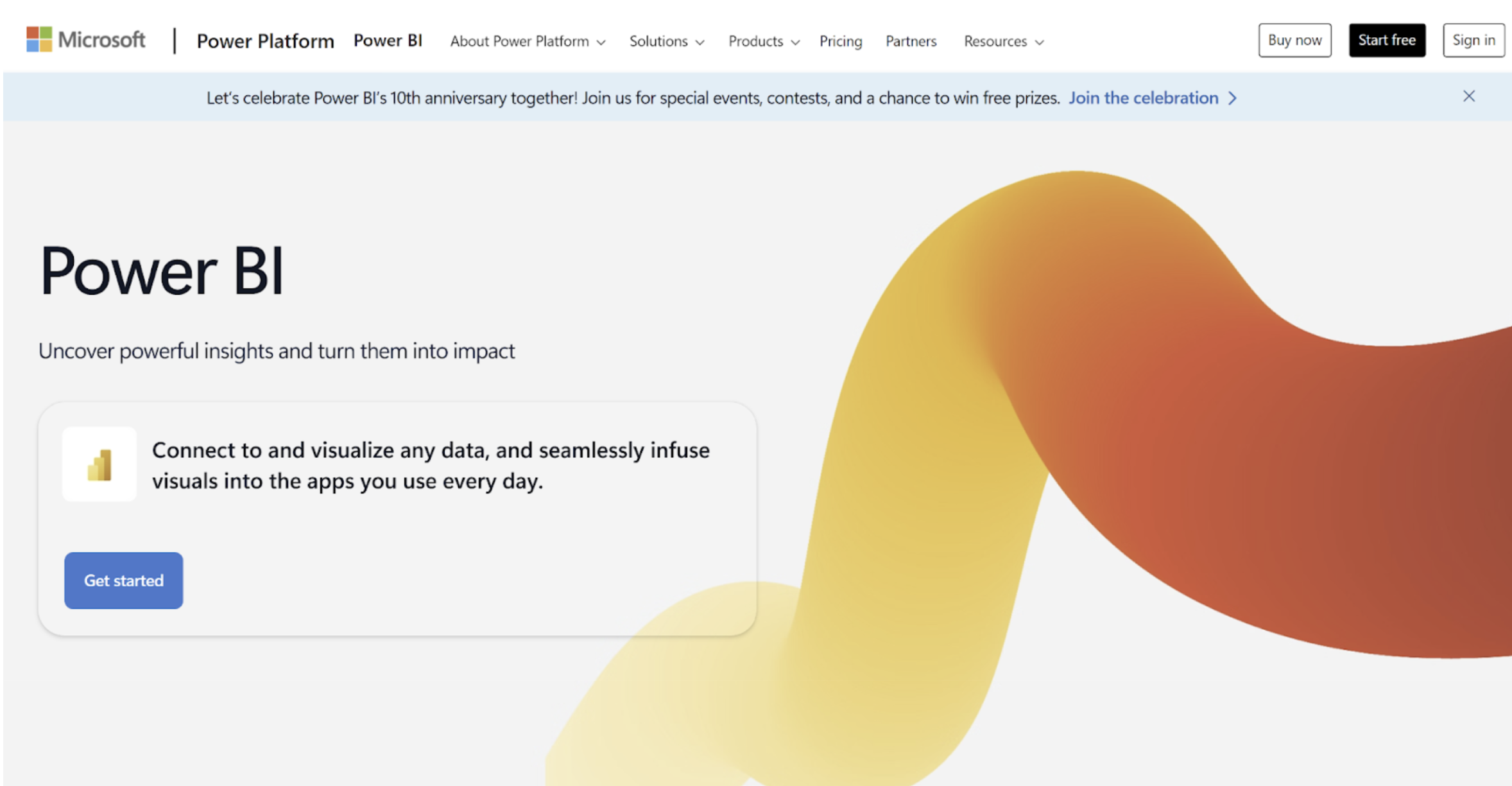 Power BI’s landing page, which explains the tool’s purpose and has a link to get started 